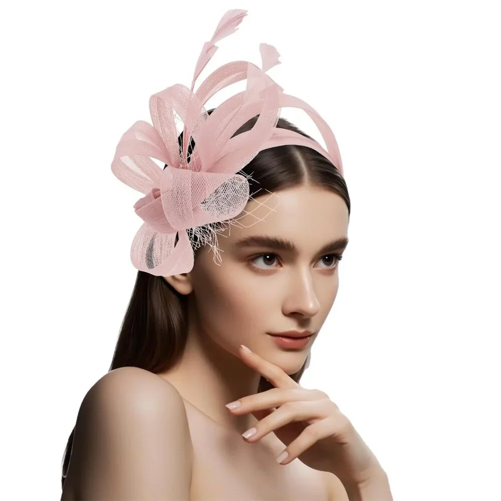 Fascinators Hats Headband with Clips Feather Pink Tea Party Derby Hats Dress 192 - Picture 6 of 7